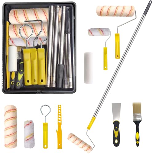 13pcs Paint Roller Set,Paint Rollers & Tray Set with Extension Pole,Includes a Paint Tray,Brush,Large and Mini Rollers & Sleeves,Paint Mixer,Scraper,Washing Rack,for Painting Walls & Ceilings
