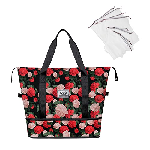 NPBAG Women Travel Duffel, Multi Functional Large Expandable Weekender Carry-on Tote, Gym Workout Overnight Bag, Mommy Hospital Bag for Labor and Delivery - color: Basic-Chinese Rose, style: Basic Version