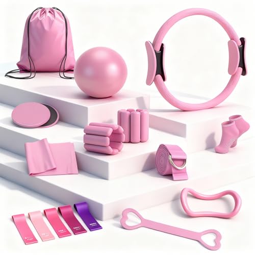 Pilates Equipment Kit for Home Workouts - 18pcs Set- 14'' Pilates Ring and Ball Set for Women, Pilates/Yoga Accessories Kit with Wrist Weights, Resistance Bands, Core Sliders, Yoga Strap - color: pink