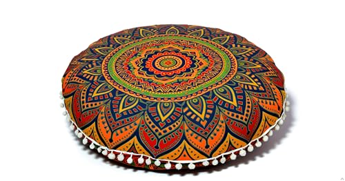 CRAFT KALA 22" Floor Pillows Cover for Sitting, Large Meditation Cushions Cover for Adults, Bohemian Mandala Round Pouf Seating Ottoman Cover for Outdoor Yoga and Living Room New Blue Ombre - color: New Blue Ombre, size: 22"