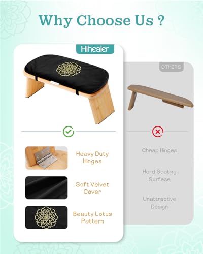 Hihealer Folding Bamboo Meditation Bench with Cushion & Carry Bag – Ergonomic Yoga and Prayer Stool for Comfort and Posture Support (Black) - color: Black