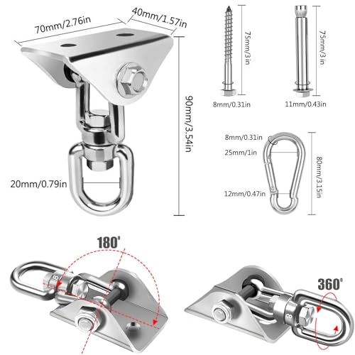Swing Hanger for Wooden & Concrete Swing Set, 2000LB Capacity Hammock Hanger 360°Rotate Stainless Steel Swing Hammock Hanging Kit Hardware, Heavy Duty Swing Brackets for Porch Playground Yoga-2 Packs