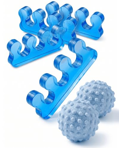 4-Piece Toe Spreaders and Foot Massage Ball Kit | 2 Pairs Gel Toe Stretchers & 2 Spiky Massage Balls for Bunion Relief, Plantar Fasciitis, Foot Pain(Blue) - color: Blue