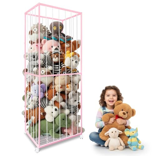 Stuffed Animal Storage, Metal Tube Extra Large Toy Storage Organizer with Brake Wheels, Stuffed Animal Holder Zoo Organizer for Nursery Playroom Kids Room Pink(61” x 23.6”x 16.5”) - color: Pink