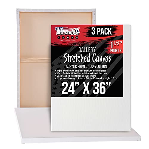 U.S. Art Supply X-Large Stretched Canvas for Painting 24x36 inch Gallery Depth 1-1/2" Thick, 3-Pack - 12oz Acrylic Gesso Triple Primed, Professional Artist Quality, 100% Cotton - Oil, Pouring Paint