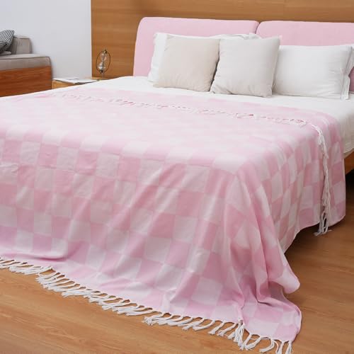 Breathable Bedspread Woven Blanket Cooling Queen Full Size Quilt Thin Comforter Boho Bed Bedroom Thing Girl Aesthetic Preppy Stuff Cute Accessories Girly Room Aesthetic College Student Dorm Decor Pink - color: Checked Pink, size: Giant Large 82'' x 90''