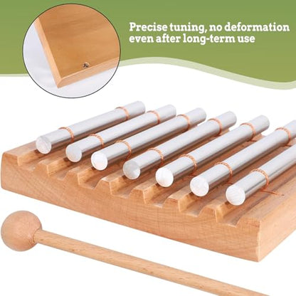7 Tone Hand Chime with Wooden Mallet - Wood Meditation Chime Bell for Yoga, Sound Healing, Mindfulness & Classroom Management Hand Percussion Instrument for Teachers, Relaxation