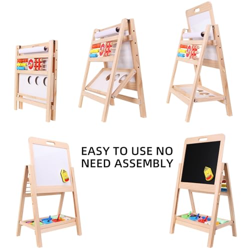 QZMTOY Kids Art Easel, Deluxe Standing Easel Set, Adjustable Art Table, Dry Erase Board & Chalkboard Double Sided Stand, 360 Rotating Drawing Easels with Art Supplies, Adjust Height 28-39in