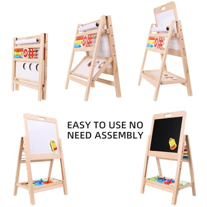 QZMTOY Kids Art Easel, Deluxe Standing Easel Set, Adjustable Art Table, Dry Erase Board & Chalkboard Double Sided Stand, 360 Rotating Drawing Easels with Art Supplies, Adjust Height 28-39in