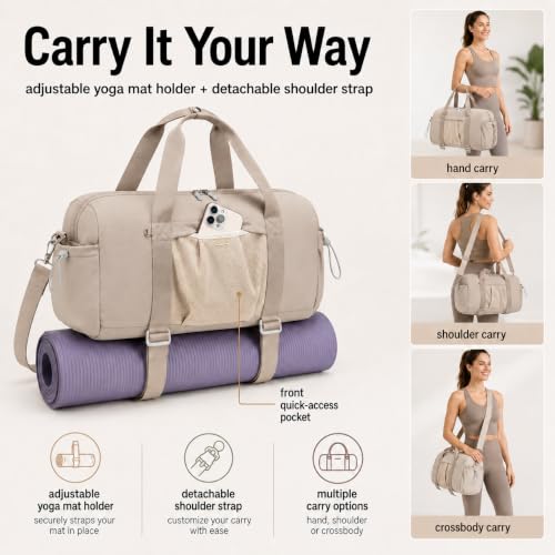 Small Mini Gym Bag for Women, Compact Duffle Overnight Bag - color: Khaki