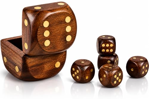 Handcrafted Wooden 5 Dice Box Holder Shaker Dice Roller Thrower Portable Dice Cup Five Dice Game Set Storage Case Decorative Brass Inlay Collectible Birthday Housewarming Gift Ideas Men Women Teens