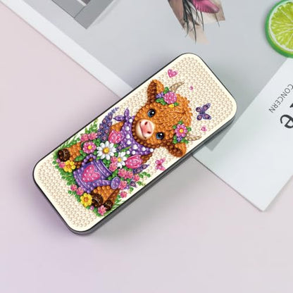 FlyingMage 5D Diamond Art Painting Kit, Hard Shell Eyeglasses Glasses Case | Highland Cattle DIY Diamond Dots, Small Gem Art Painting Mosaic Kits, Cute Sunglasses Case for Adults Beginner Women Teen - color: Beige Flower Highland Cattle