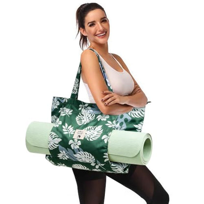 WLLWOO Yoga Mat Carrier Bag for Women Canvas Carryall Tote Gym Pilates | Large Holder Zipper Shoulder for Beach Travel Workout Fitness Office - color: Dark Green Leaf
