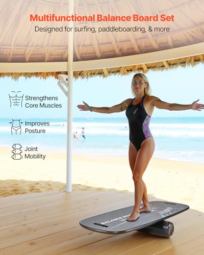 VEVOR Balance Board, 2-in-1 Wobble Board Trainer for Adults, Premium Wooden Balance Training Equipment, with Roller, Magnetic Stoppers, Storage Rack, for Core Workouts, Surf Trainer & Physical Therapy - size: 35 inch
