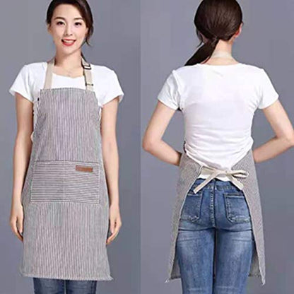 RUIBOLU Adjustable Bib Apron with 2 Pockets Cooking Kitchen Cotton Aprons for Women Men Chef Restaurant BBQ Painting - color: Khaki Stripes