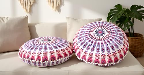 CRAFT KALA 32" Large Round Bohemian Floor Pillow Cover Boho Pouf Cover Mandala Meditation Room Pillows Cover Adults Seating Poufs Cushion Cover for Kids Reading Playroom New Pink Mirchi - color: New Pink Mirchi