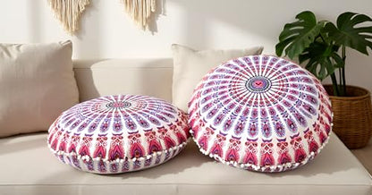 CRAFT KALA 32" Large Round Bohemian Floor Pillow Cover Boho Pouf Cover Mandala Meditation Room Pillows Cover Adults Seating Poufs Cushion Cover for Kids Reading Playroom New Pink Mirchi - color: New Pink Mirchi