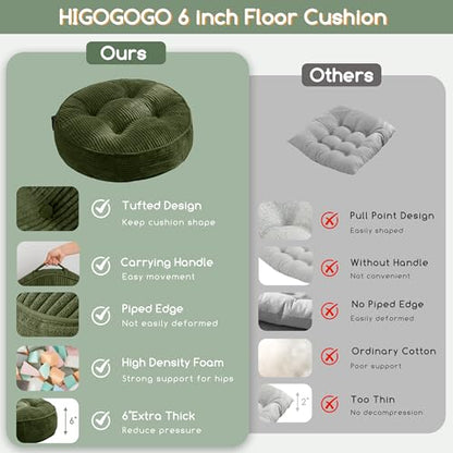 HIGOGOGO 15.2cm(6인치) 성인용 매우 두꺼운 바닥 베개 쿠션, 명상 쿠션 베개, 대형 원형 바닥 앉기, 터프트 코듀로이 커버, 다다미 거실 또는 요가용, 55.9 x 55.9cm(22 x 22인치), 다크 그린 - color: 라운드 다크 그린, size: 6" Thick(Pack of 1)