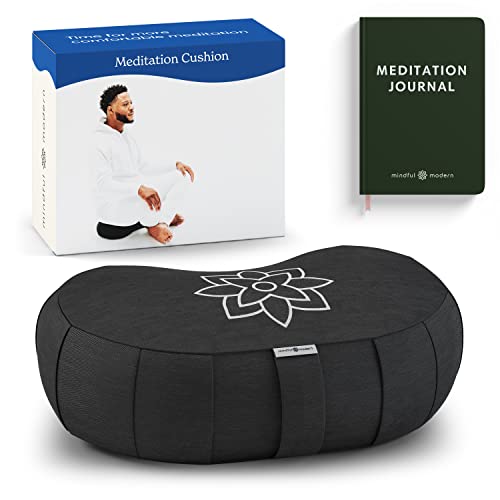 Mindful & Modern Large Meditation Cushion | Zafu Yoga Bolster Meditation Floor Pillow Seat | Buckwheat Hull Filled Crescent Shaped Cushion with Removable Washable Cover + Carry Handle (Minimal Black) - color: Crescent - Black