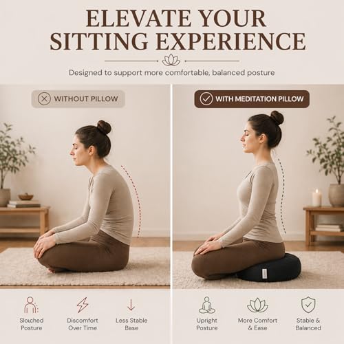 Meditation Cushion - 15" Buckwheat Pillow with Removable Cotton Cover and Carry Handle - Round Floor Cushion for Yoga, Meditation, Pilates, and Floor Sitting - Meditation Pillow by Cuvered