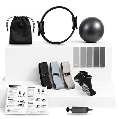 Pilates Kit with 15-Inch Pilates Ring & Small Pilates Ball, Exercise Bands Resistance Bands Set - Workout Equipment and Accessories - Pilates Equipment for Full Body Workout, Pilates Essentials
