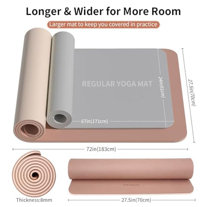 8mm Thick Yoga Mat Non Slip for Women Men | 72"x28" mat for gym, pilates, studio. POE, reversible, non-slip, tear-proof, odorless, easy-clean, strap. - color: Brown+Apricot