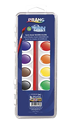 Prang Washable Semi-Moist Watercolors Oval Pan Set with Size 6 Paintbrush, Non-Refillable, 16 Assorted Colors, Pack of 1 - style: 16 Color