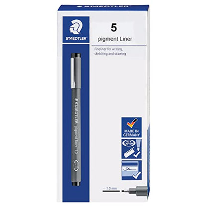 Staedtler Pigment Liner, Fineliner Pen for Drawing, Drafting, Journaling, 1.0mm, Black, Box of 5 Pens, 308 10-9 - style: 1.0mm