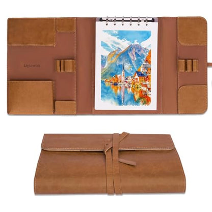 LIGHTWISH Watercolor Pad - A5 20 Sheets 100% Cotton 300GSM Cold Press Paper | Detachable with Backing Board | All-in-One Travel Watercolor Journal with Brush Holders & Storage Pockets - color: Brownish yellow