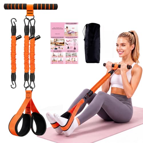 Foot Pedal Resistance Band with Handle, 3-Tube Multifunction Adjustable Yoga Elastic Exercise Bands, Home Workout Equipment for Women & Men to Abdomen, Waist, Arm, Core/ABS, Leg - color: Orange