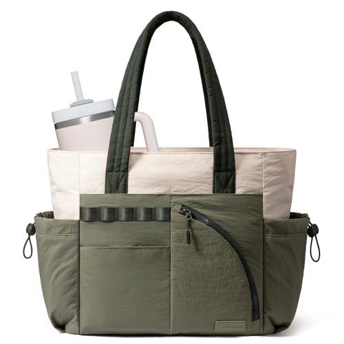 LOVEVOOK Women's Tote Handbags, Puffer Bag and Work Bags with Compartment for Women, Lightweight Quilted Nurse Shoulder Daily - color: Beige-bean Green, size: 15.6Inch