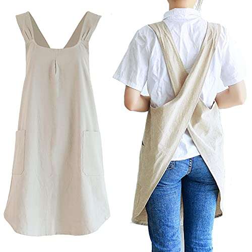 Japanese Style Linen Cotton Cross Back Pinafore Apron with Pockets for Women Ladies Men Chef Kitchen Cooking Baking - color: Women's Size Khaki