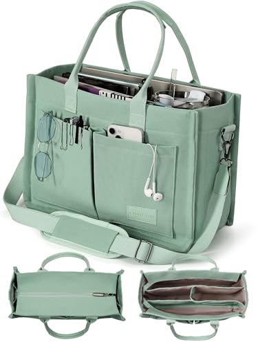 FIORETTO Canvas Tote Bag for Women with Zipper Closure & Individual Compartments for Work College for Teacher & Nurse - color: Green, size: X-Large