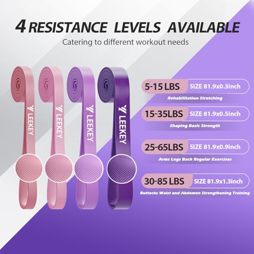 LEEKEY Resistance Bands for Pull Up Assist, Exercise & Workout Bands Set | Long resistance bands for pull up assist, strength training, physical therapy, stretching, home gym - color: 5-85LBS PINK PURPLE