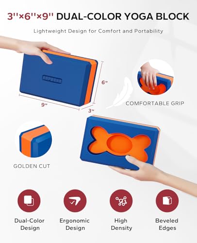 HAPBEAR Yoga Blocks 2 Pack - 9x6x3in High-Density EVA Foam with Non-Slip Textured Surface, Supportive for Deep Stretching & Lightweight - Ideal for Yoga, Pilates, Stretching Exercises - color: Blue/Orange