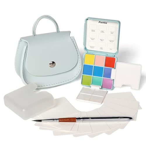 Funto Mini Watercolor Set Travel Kit with 9 Colors, Leather Bag & Watercolor Paper, Portable Drawing & Painting Supplies for Beginners, Art Gift Set - style: Blue