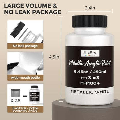 Nicpro Metallic Pearl White Acrylic Paint, 8.45oz/250ml White Craft Paint | Large Pearlescent Non Toxic, Non Fading Paints for Metal, Wood, Clay, Canvas, Ceramic, Furniture, Handcrafts, Art Supplies - color: Pearl White, size: 8.45 Fl Oz (Pack of 1)