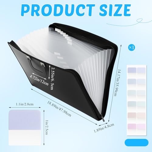 Dunzoom 1 Pack 11 x 17 Art Portfolios, Expanding File Organizer with 13 Pocket for Artwork, Plastic Clear Portfolio Holder Document Binder with Handle, Zipper and 120 Pcs Sticky Labels (Black) - color: Black