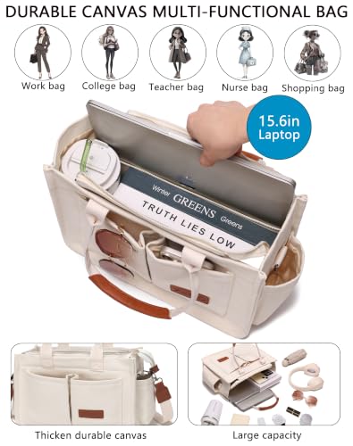ZHMO Canvas Tote Bag for Women,Women's Bags Crossbody Bags Work Laptop Tote Bag Large Handbags Purse for Travel Nurse Teacher - color: New Upgrade White With Compartments and Side Cup Holders