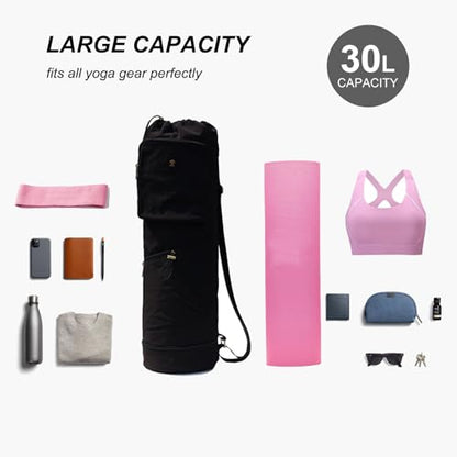 ESVAN Yoga Mat Bag with Multi Pockets Drawstring Yoga Mat Carrier Pilates Exercise Multi-Functional Storage Bag - color: Nylon Black