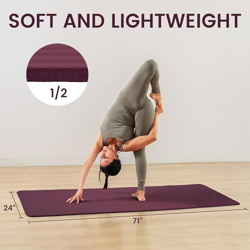 Fitvids Yoga Mat, 1/2-Inch Extra Thick High Density Exercise Mat, Anti-Tear Exercise Yoga Mat with Carrying Strap, Suitable for Various Yoga Exercises - color: Deep Wine