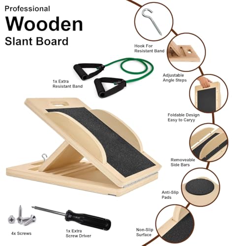 3-in-1 Portable Wooden Slant Board for Calf Stretching - Calf Stretcher & Incline Board Convertible to Balance Board + Resistance Band - 5 Angles, Anti-Slip Squat Wedge for Squats, Plantar Fasciitis, Achilles & Physical Therapy