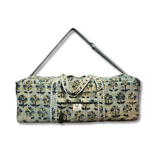 Large Capacity Handblock Printed Yoga Mat bag for Women, Gym Bag, Fits Yoga Blocks, Adjustable strap, Pilates, Gym, Fitness Block & Gear, Light and Durable - color: Meadow Haze