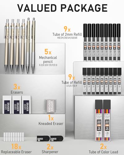 Nicpro 34PCS Art Mechanical Pencil Set, Metal Drafting Pencil 0.3 mm & 0.5 mm & 0.7 mm & 0.9 mm & 2PCS 2mm Lead Holder (6B 4B 2B HB 2H 4H Colors) For Sketching Drawing With 19 Tube Lead Refills Case - color: Champagne 34