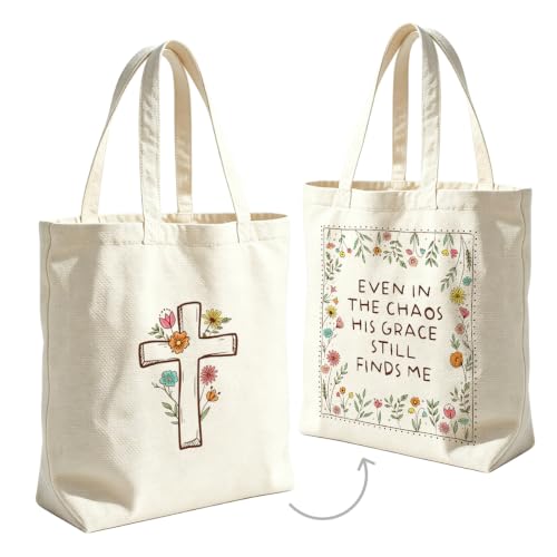 VICBOU Christian Canvas Tote Bag for Women Girls Birthday,Shoulder Bag with Pocket for Grocery Shopping Beach - color: Crossflower