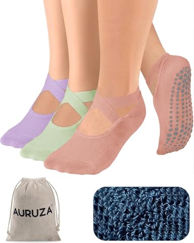 AURUZA Pilates Grip Socks for Women Non Slip Skid Yoga Socks with Grips Straps for Ballet Dance Workout Gripper Sock - color: 3pairs- Purple+green+pink, size: Large
