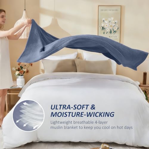 EMME Muslin Blankets for Adults, Cotton Large Throw Blanket 4-Layer, Couch Breathable Gauze Soft Lightweight Bed Blankets, Two-Tone Weave Design, Pre-Washed Softer Touch (Heather Navy, 50"x70") - color: 01 - Navy, size: Large Throw (50" X 70")