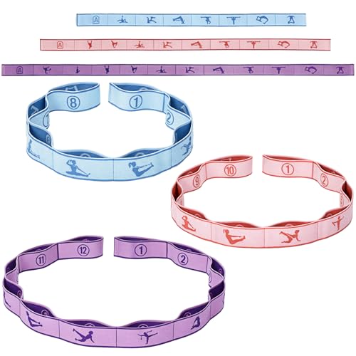 3 Pcs 8/10/12 Loops Yoga Stretch Straps Elastic Yoga Stretching Strap Multi Loop Stretch Bands for Exercise Therapy, Pilates, Dance, Gymnastics