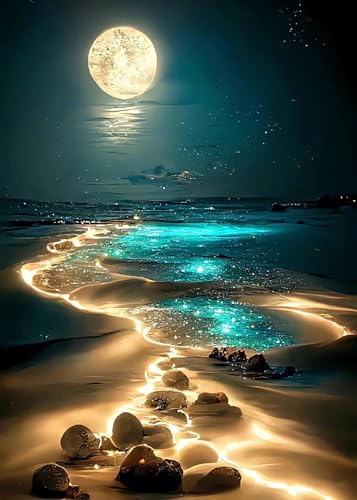 KINPLUB Moonlight Beach Diamond Painting Kits for Adults, 5D Seaside Moon Diamond Art Kits for Beginners, DIY Full Drill Paint with Diamond, Home Wall Decor 12 x 16 Inch - color: Seaside Moonlight