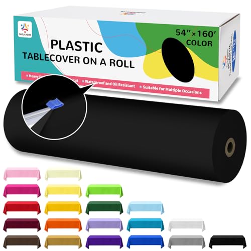 54IN X 160FT Plastic Table Cover Roll with Cutter Box, Cut to Size Plastic Table Cloths for Parties, Birthday, (Black, 54"x1920") - color: Black, size: 1920" x 54" (Rectangular)